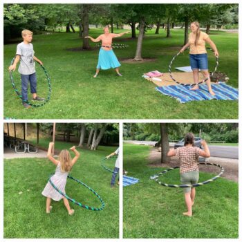 photo collage of women and children with hula hoops