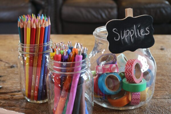 supplies: colored pencils, pens and tape