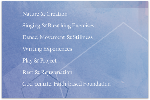 graphic with words: Nature & Creation, Singing & Breathing Exercises, Dance, Movement & Stillness, Writing Experiences, Play & Project, Rest & Rejuvenation, God-centric, Faith-based Foundation